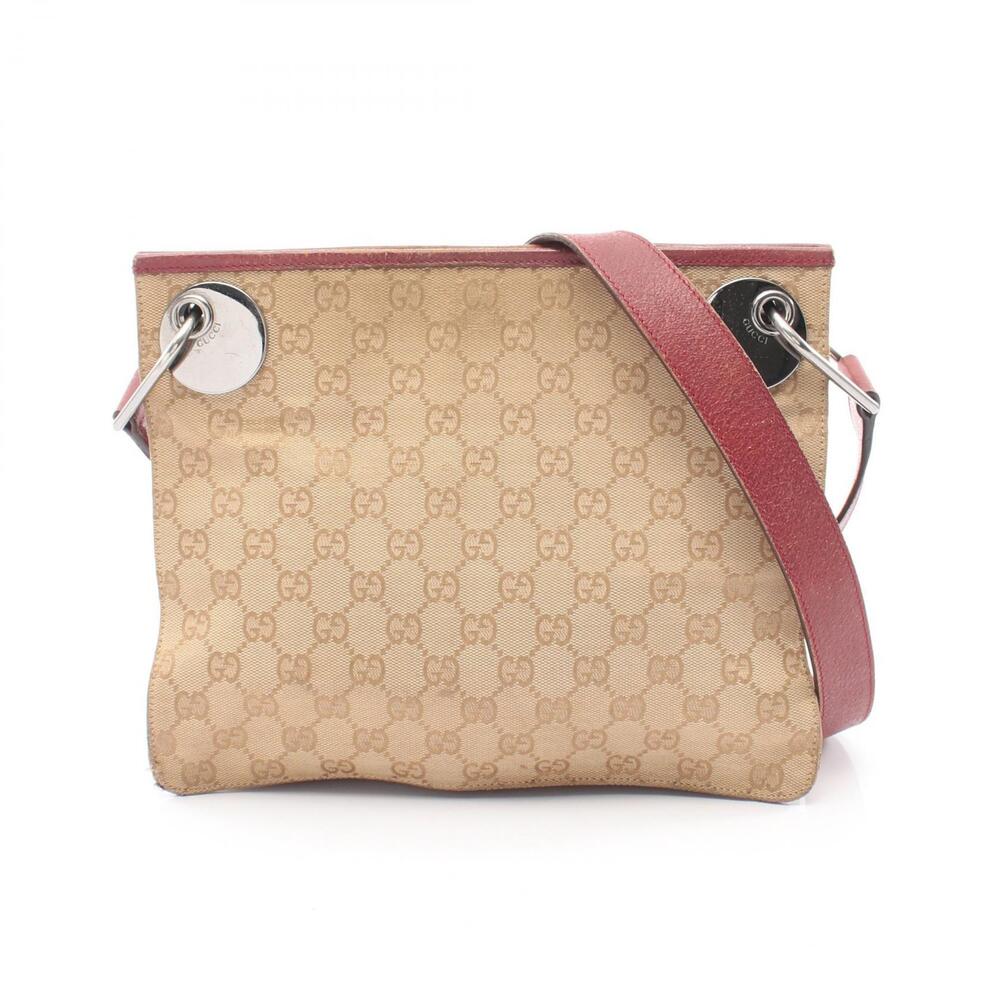Gucci GG Canvas Shoulder Bag Leather Beige Cream Burgundy Red